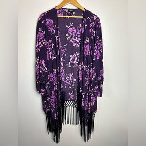 Torrid Plus Size 4 Boho Fringe Kimono Cardigan Floral Purple Festival Summer